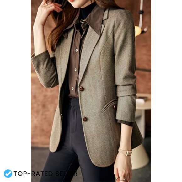 Classic Slim Fit Wool Blend Blazer Notched Lapel Herringbone Plaid Office Chic - Picture 2 of 6